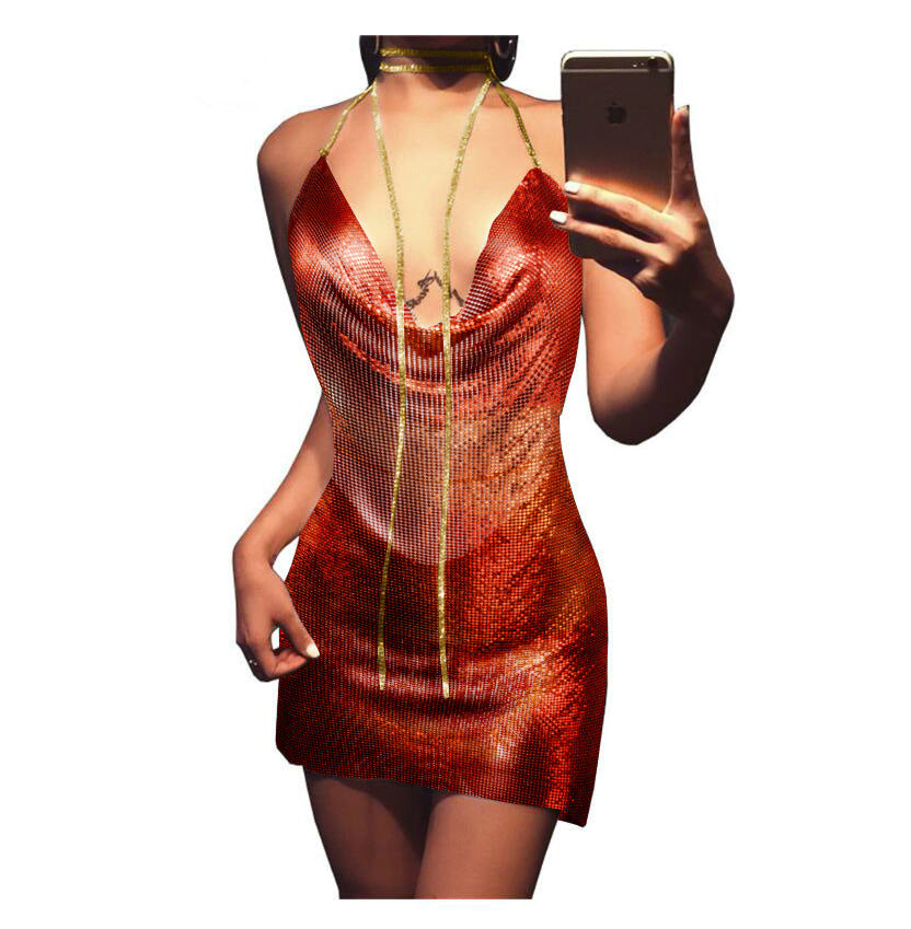Silver Halter Neck Chainmail Fringe Trim Bodycon Mini Dress