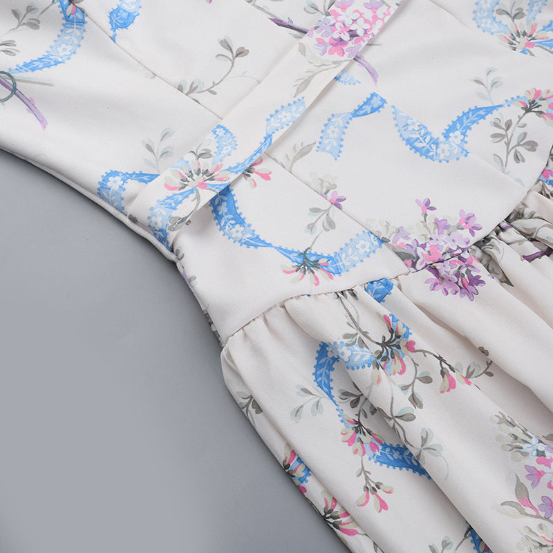 Square Neck Corset Ribbon Floral Gathered A-Line Midi Dress