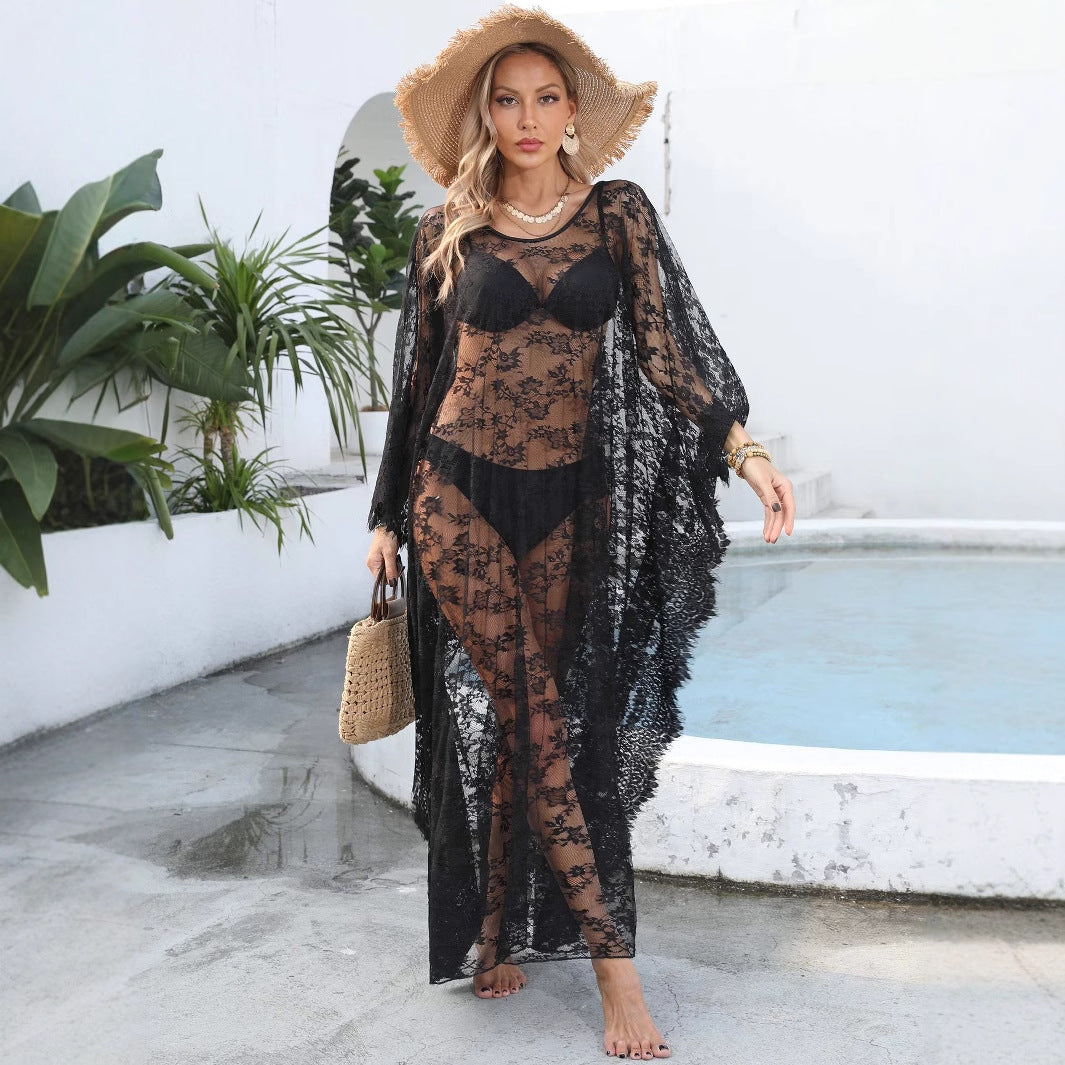 Sheer Floral Lace Kimono Sleeve Scalloped Hem Beach Cover Up Maxi Dress