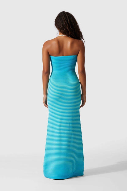 Striped Knit Strapless Bandeau Bodycon Maxi Dress