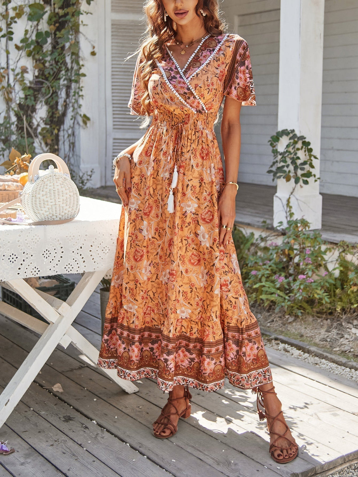 Wrap V Flutter Sleeve Smocked Drawstring Tiered Border Maxi Dress
