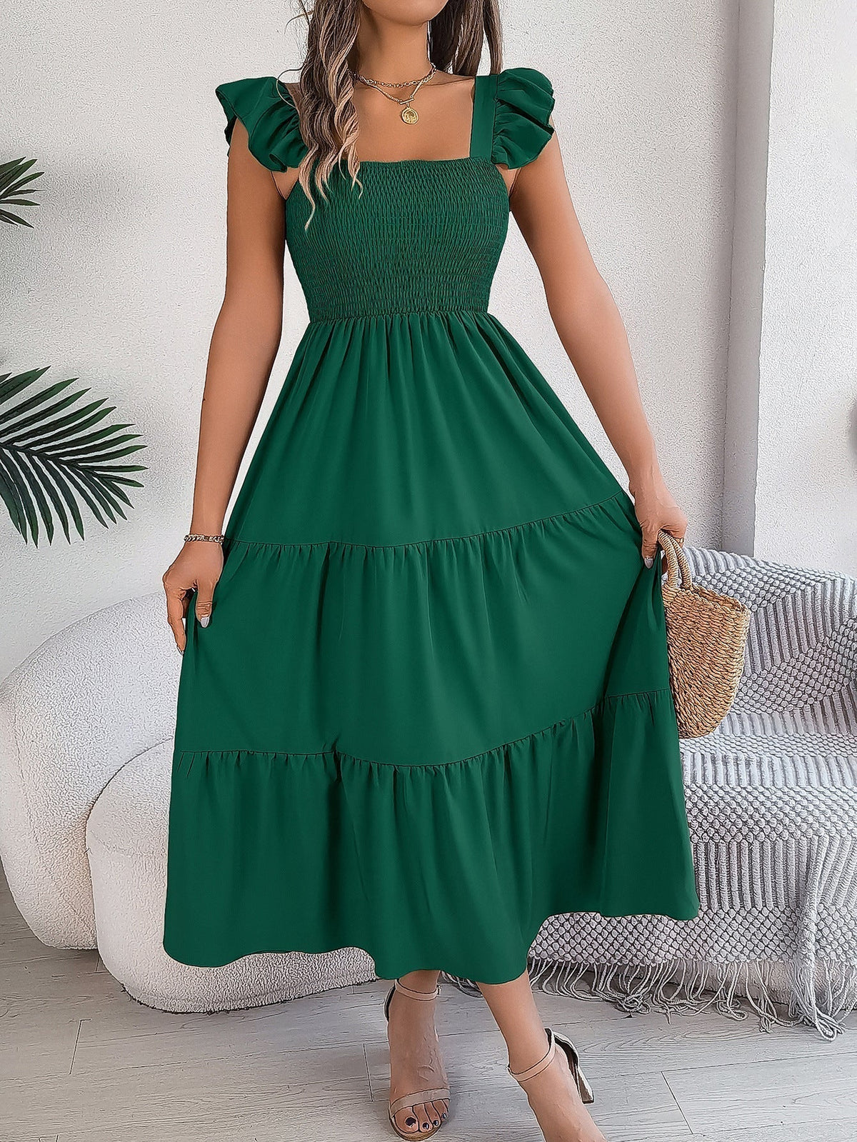 Dark Green Off Shoulder Embroidered Floral Tiered Maxi Dress