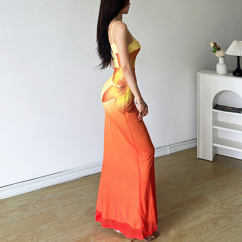 Ombre Print Square Neck Contrast Trim Backless Cami Midi Dress