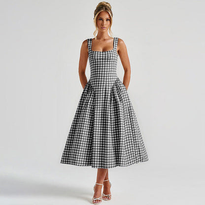 Adalae Plaid Backless Midi Dress