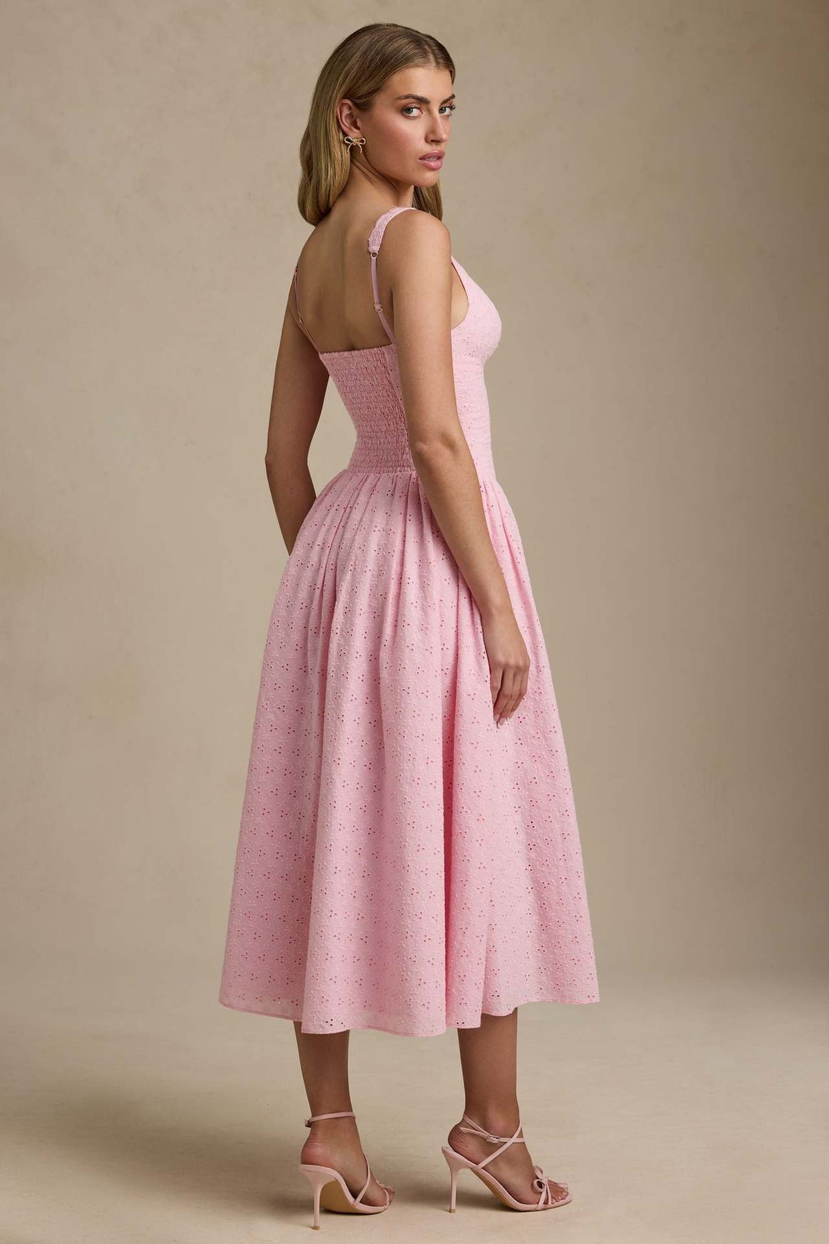 Eyelet Lace Deep V Bow Front Corset Bodice Full Skirt Midi Dress
