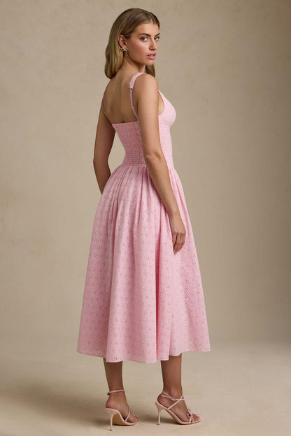 Eyelet Lace Deep V Bow Front Corset Bodice Full Skirt Midi Dress