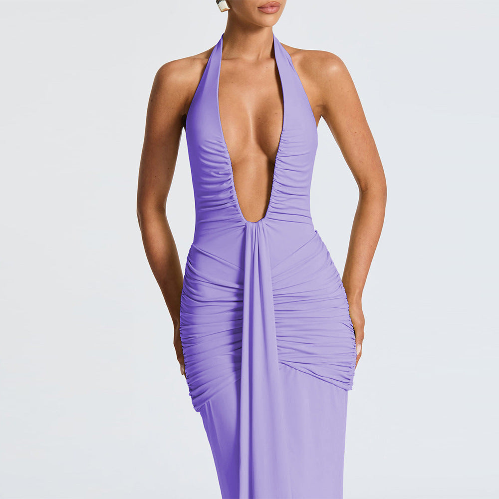 Halter Deep V Ruched Bodice Center Panel Drape Jersey Maxi Gown