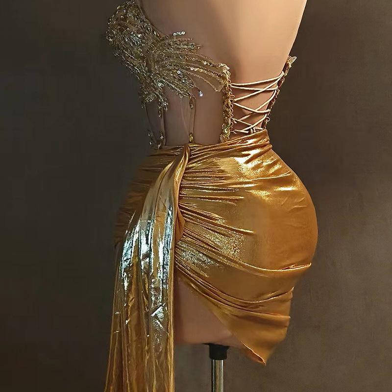 Strapless Fringe Corset Top Draped High Slit Sequin Mini Skirt Set