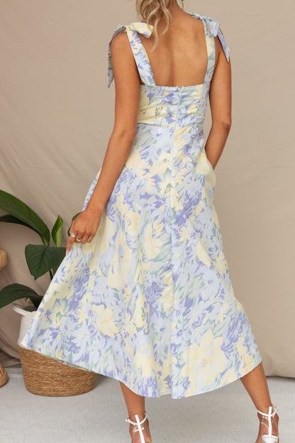 Blue Tie Strap Fit and Flare Floral Print Midi Dress