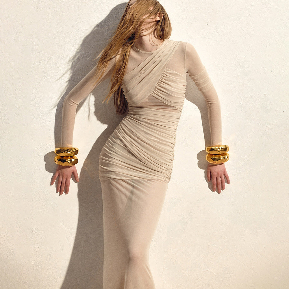 Sheer Long Sleeve Ruched Wrap Neckline Maxi Dress