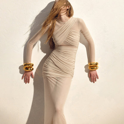 Sheer Long Sleeve Ruched Wrap Neckline Maxi Dress