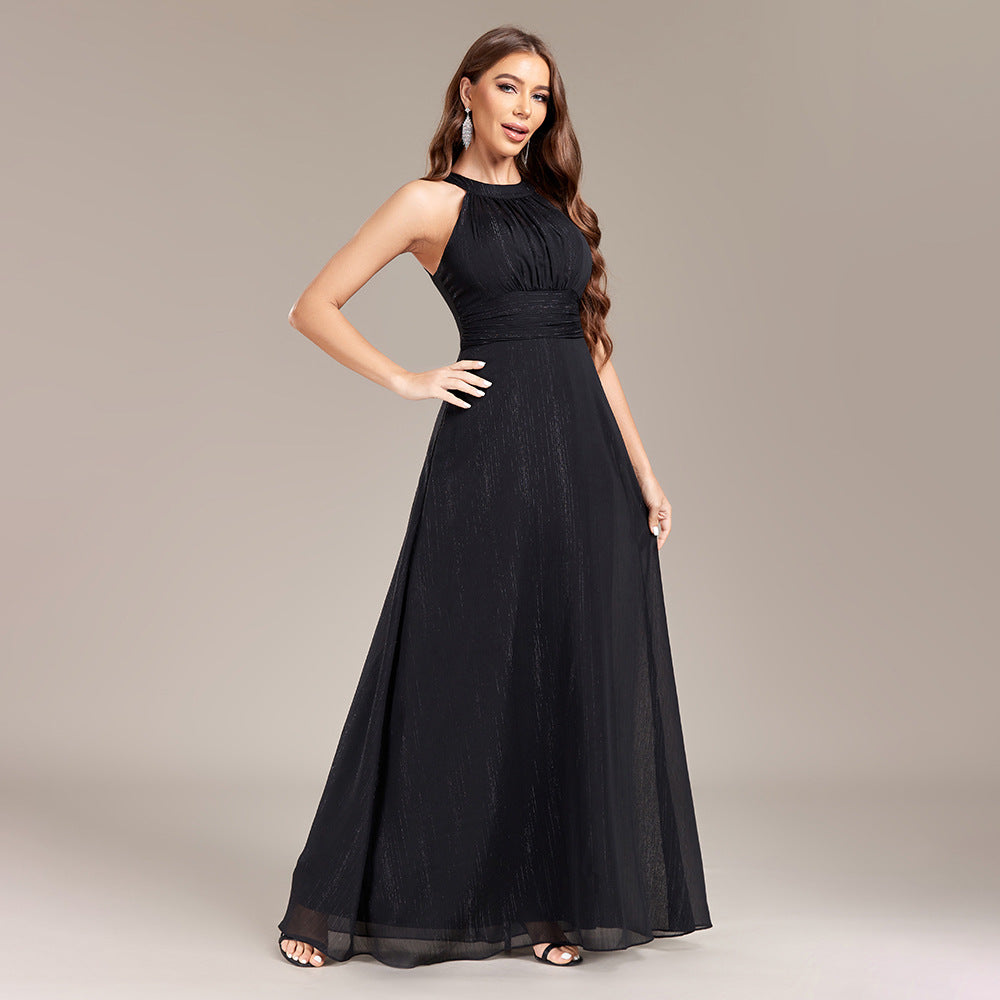Halter Neck Pleated Bodice High Waist A-Line Floor Length Gown