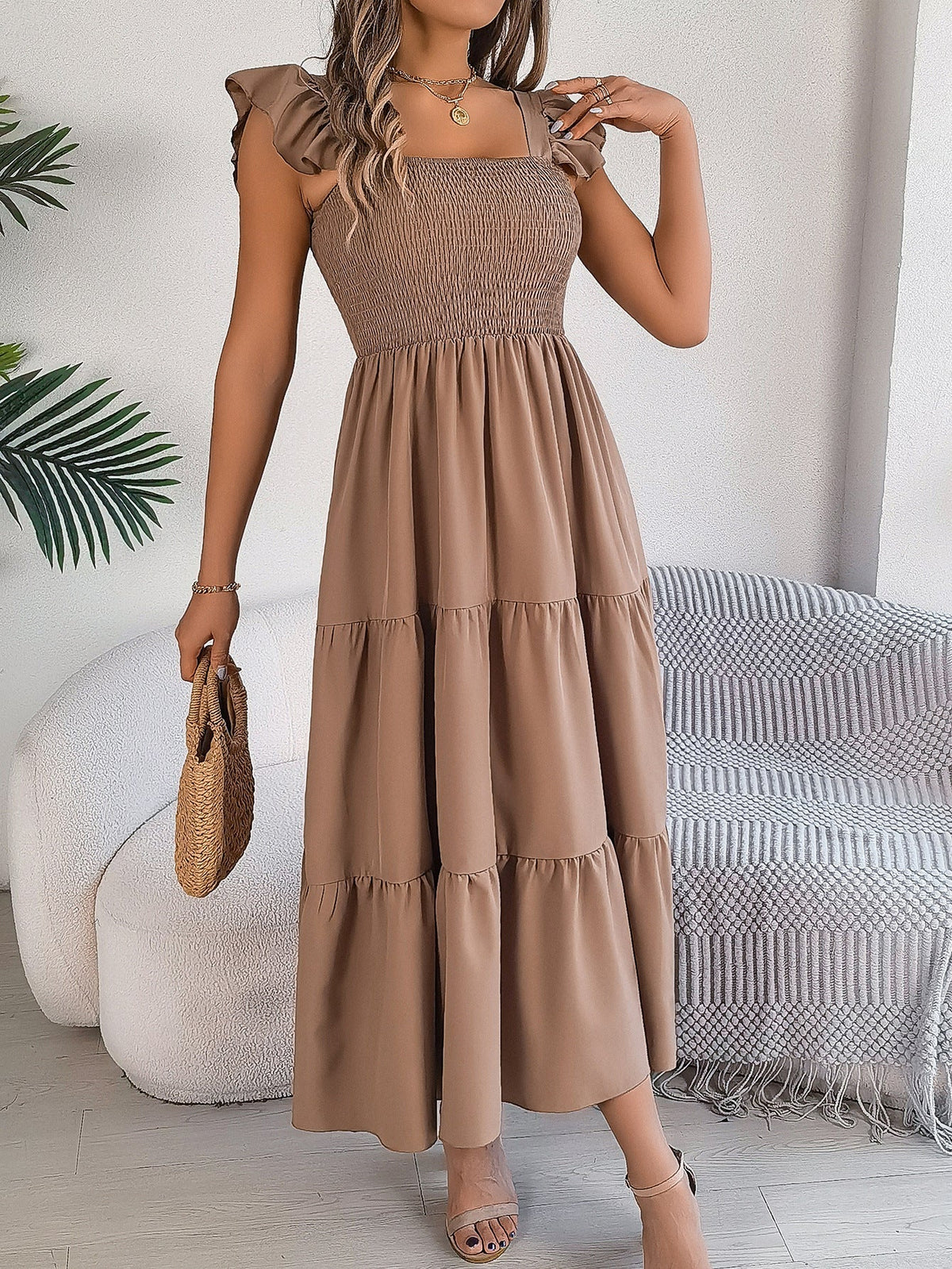 Khaki Off Shoulder Embroidered Floral Tiered Maxi Dress