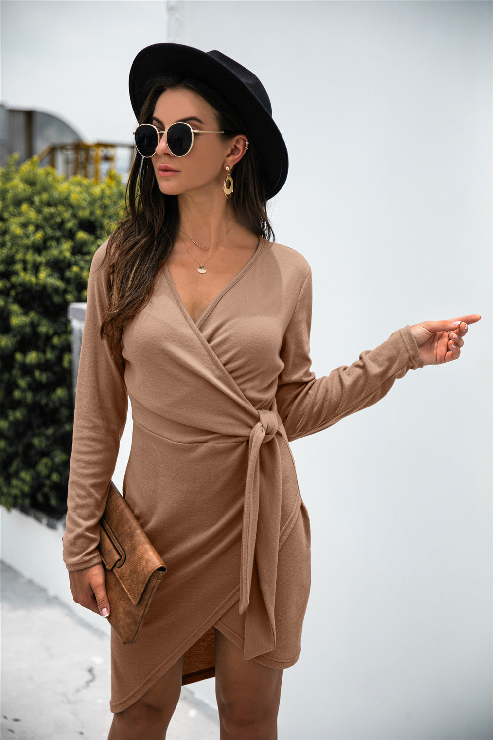 Deep V-Neck Long Sleeve Wrap Tie Tulip Hem Mini Dress