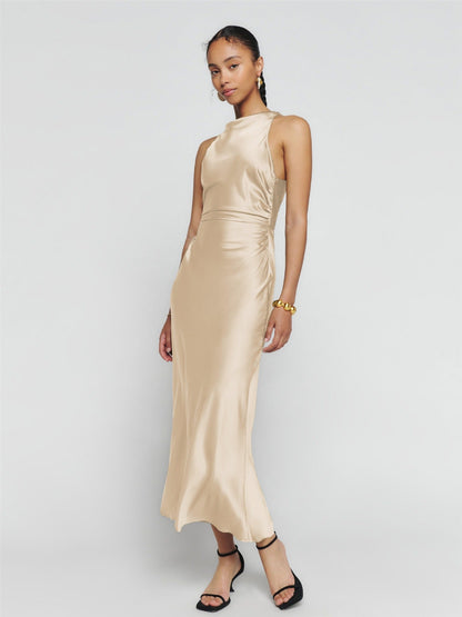 Cowl Neck Satin Bias Cut Sleeveless Column Maxi Dress