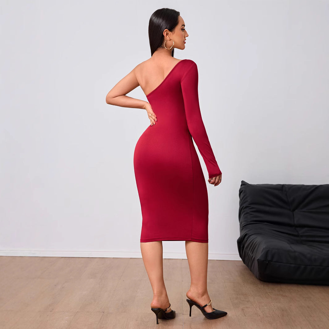 One Shoulder Long Sleeve Waist Cutout Bodycon Midi Dress