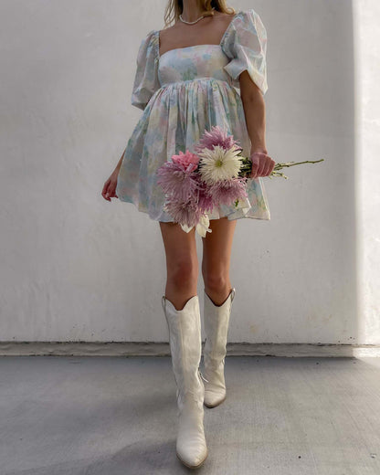 Blue Square Neck Puff Sleeve Linen Babydoll Mini Dress 2
