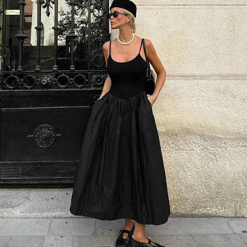 Scoop Spaghetti Strap Drop Waist Pleated Poplin Skirt Maxi Dress
