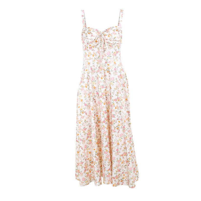 Floral Bustier Lace-Up Cami Strap Flared Midi Dress
