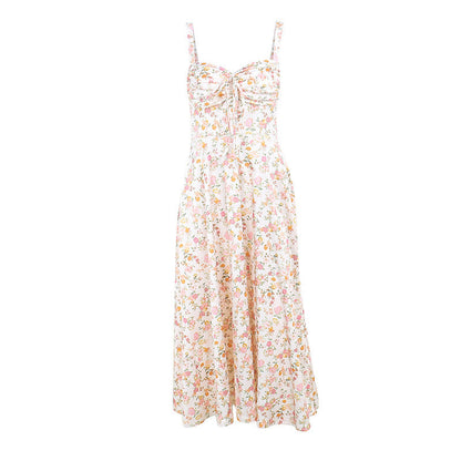 Floral Bustier Lace-Up Cami Strap Flared Midi Dress