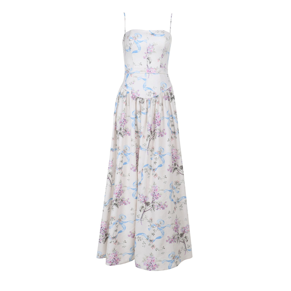 Square Neck Corset Ribbon Floral Gathered A-Line Midi Dress