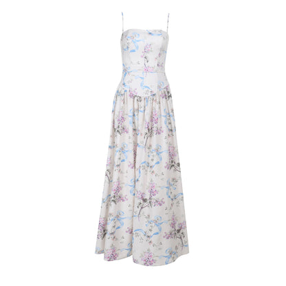 Square Neck Corset Ribbon Floral Gathered A-Line Midi Dress