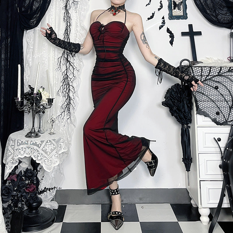 Contrast Mesh Sweetheart Lace Up Halter Ruched Bodycon Maxi Dress