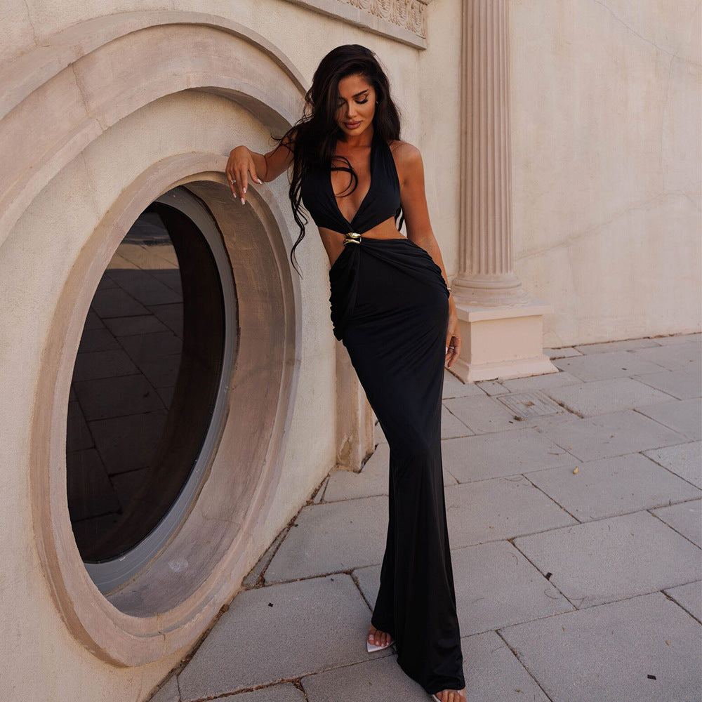 Halter Plunging V-Neck Side Waist Cutout Ring Detail Bodycon Maxi Dress
