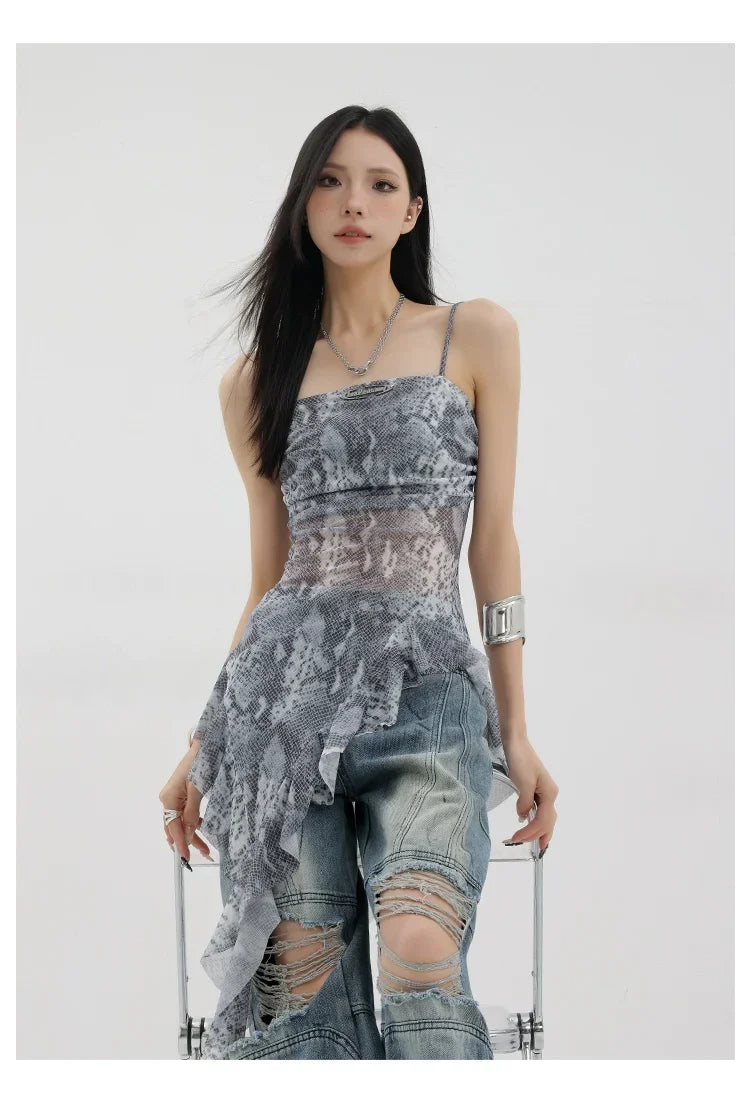 Black Asymmetric Ribbon Strap Tank Top With Ruffle Edge Design