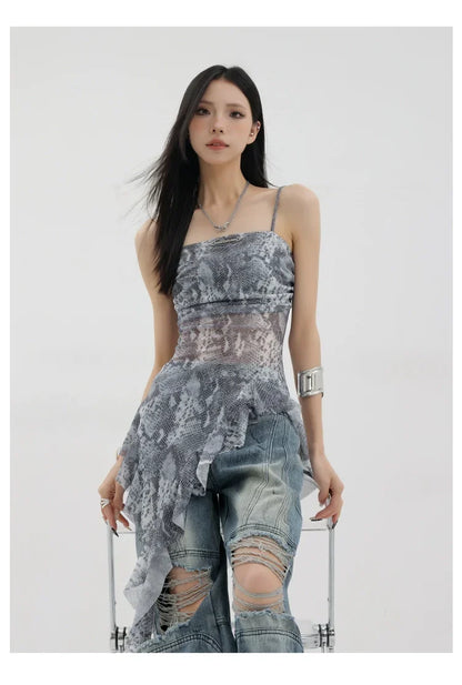 Black Asymmetric Ribbon Strap Tank Top With Ruffle Edge Design