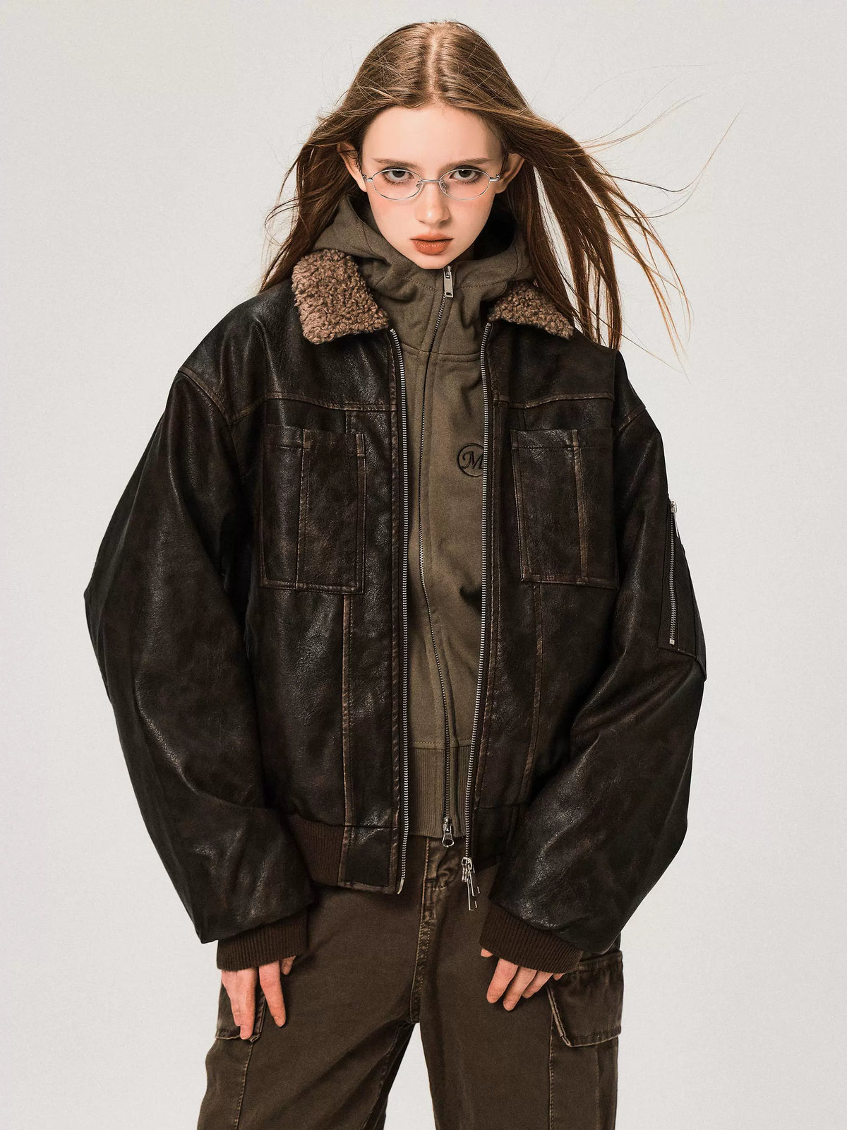 PU Leather Jacket with Lamb Wool Collar