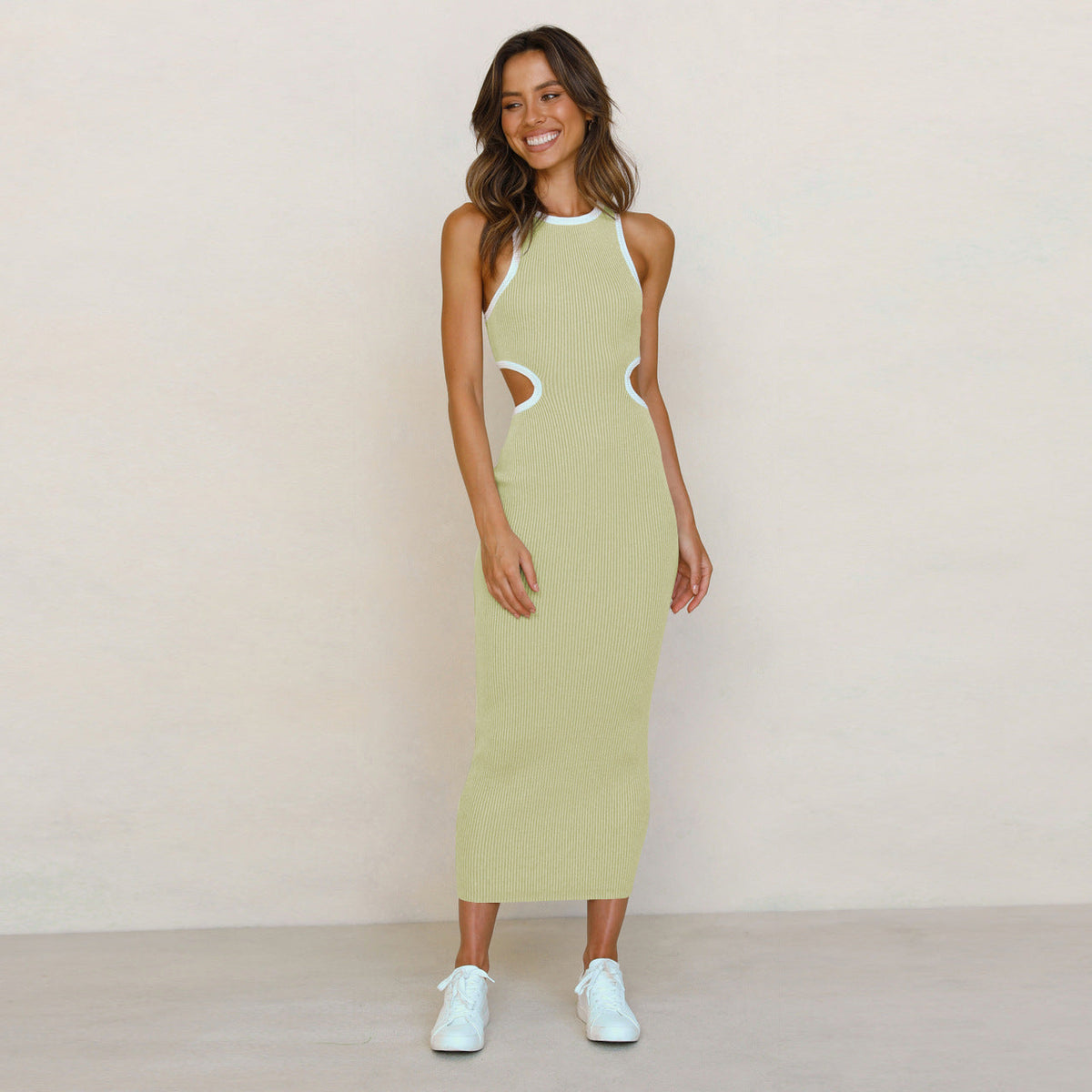 Crew Neck Long Sleeve Rib Knit Waist Cutout Midi Dress