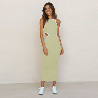 Crew Neck Long Sleeve Rib Knit Waist Cutout Midi Dress
