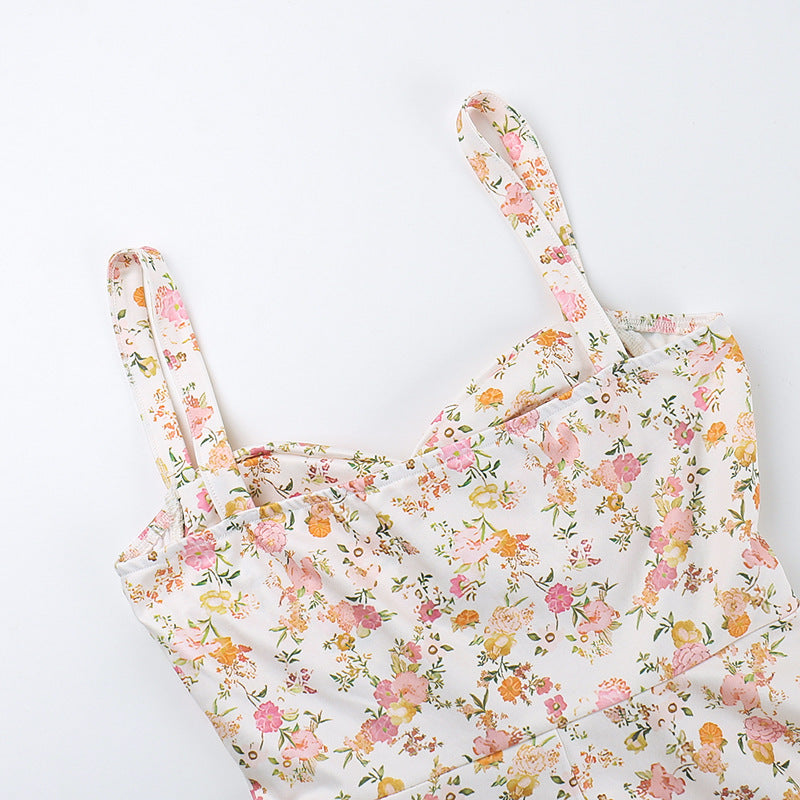 Floral Bustier Lace-Up Cami Strap Flared Midi Dress