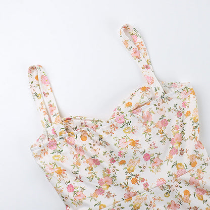 Floral Bustier Lace-Up Cami Strap Flared Midi Dress
