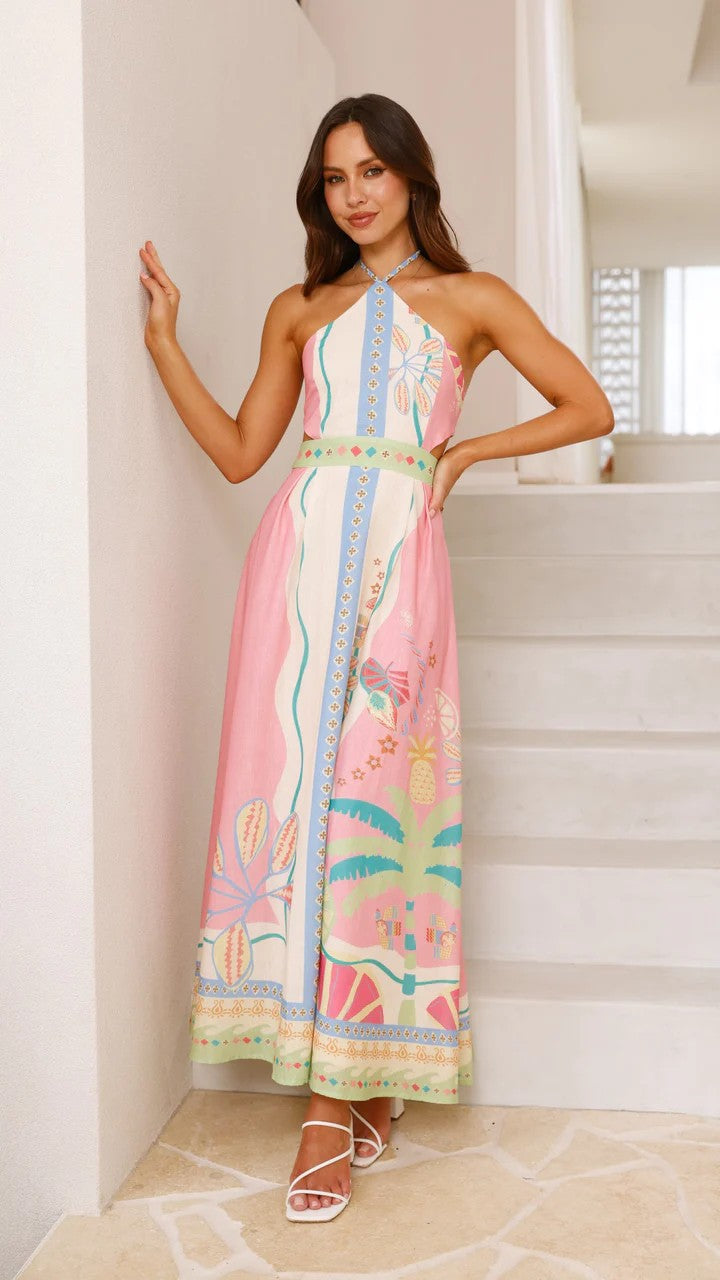 Halter Neck Tropical Print Waist Cutout Panel Maxi Dress