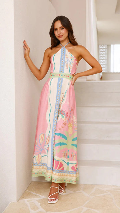 Halter Neck Tropical Print Waist Cutout Panel Maxi Dress