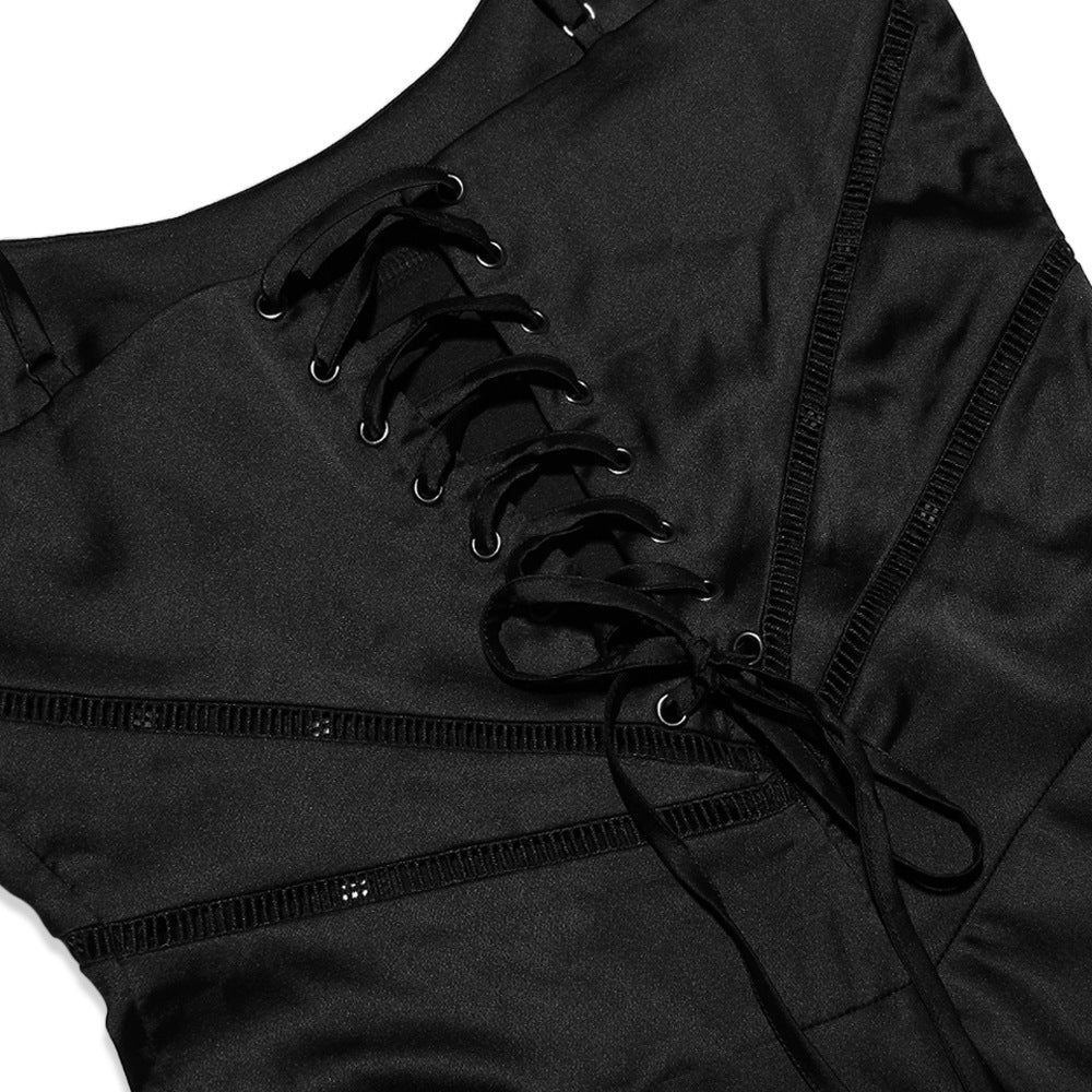 Square Neck Corset Bodice Pintuck Lace Up Back Satin Slip Maxi Dress