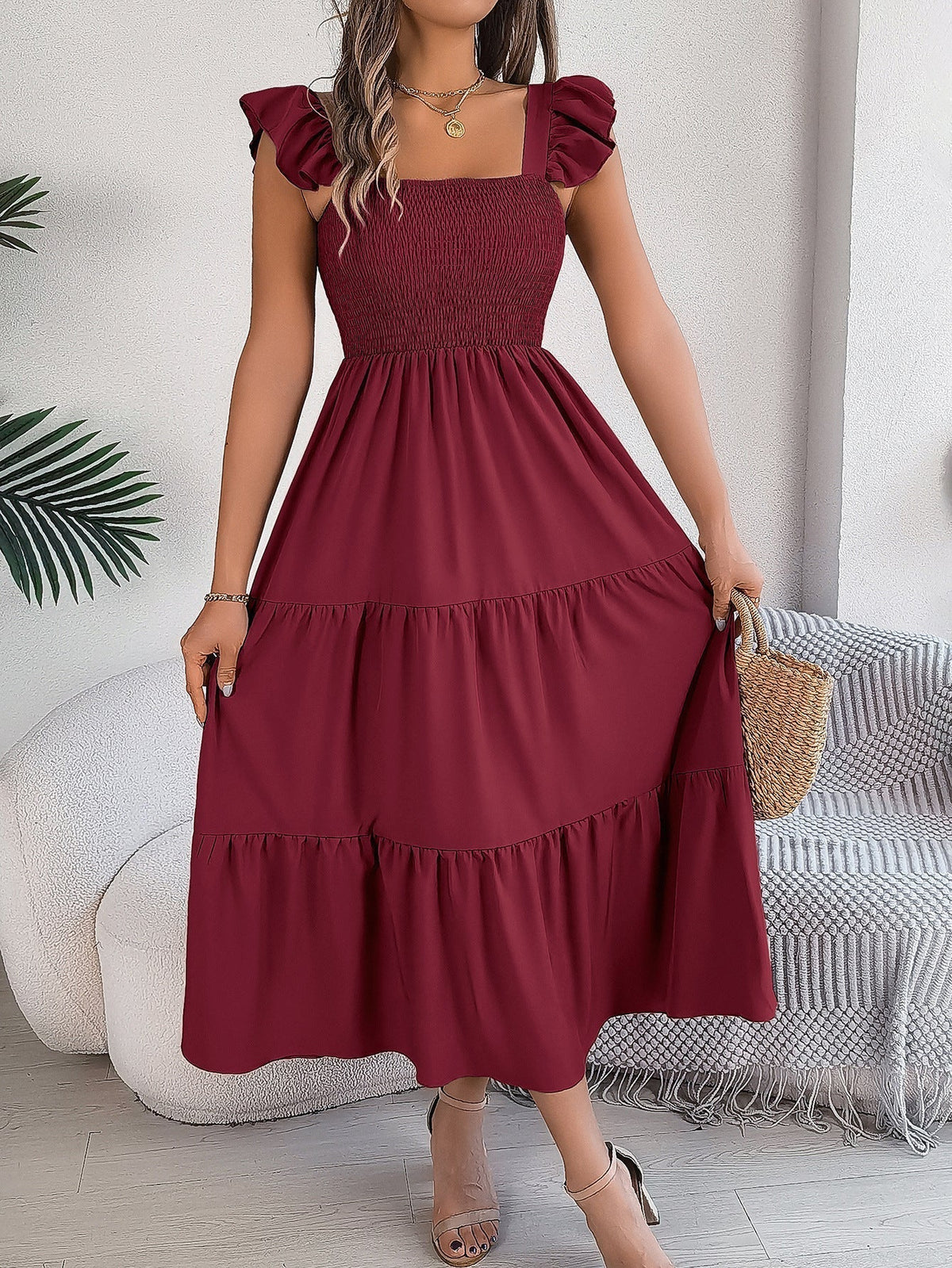 Wine Red Off Shoulder Embroidered Floral Tiered Maxi Dress