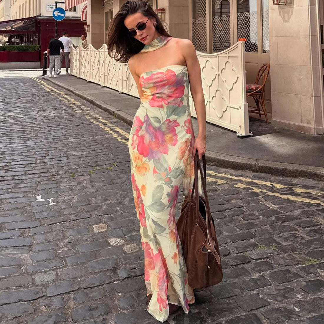Strapless Floral Print Matching Scarf Neck Bodycon Maxi Dress