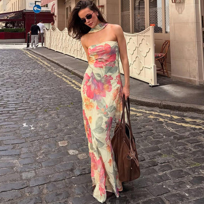 Strapless Floral Print Matching Scarf Neck Bodycon Maxi Dress