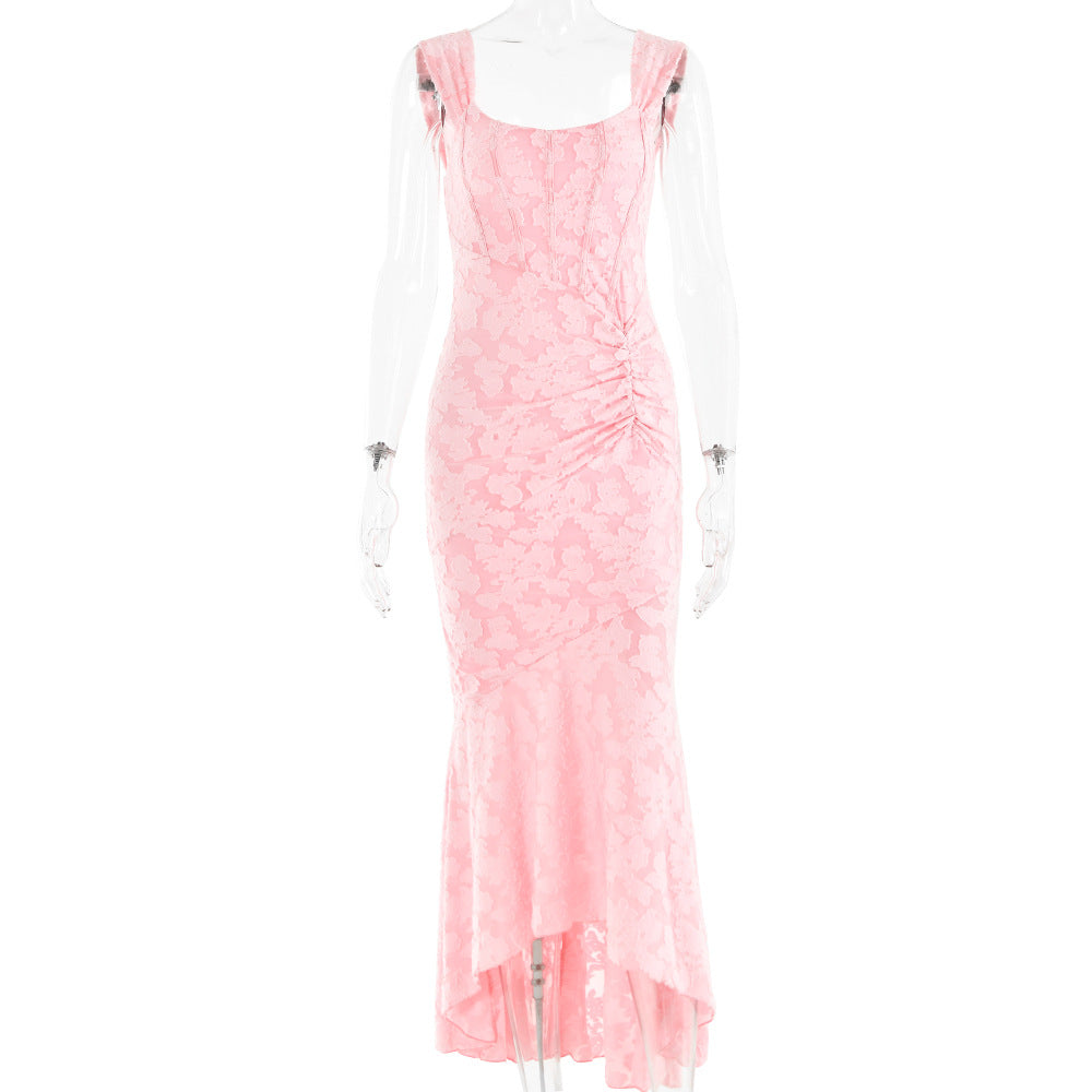 Printed Strapless Twist Front Backless Fishtail Maxi Dress