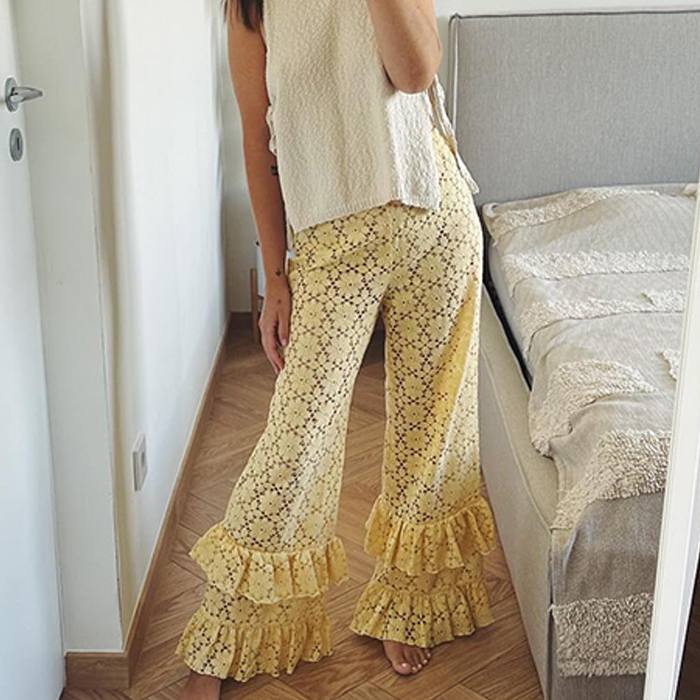 autumn and winter fashion sexy lace see-through trousers new style spliced ruffled versatile straight pants