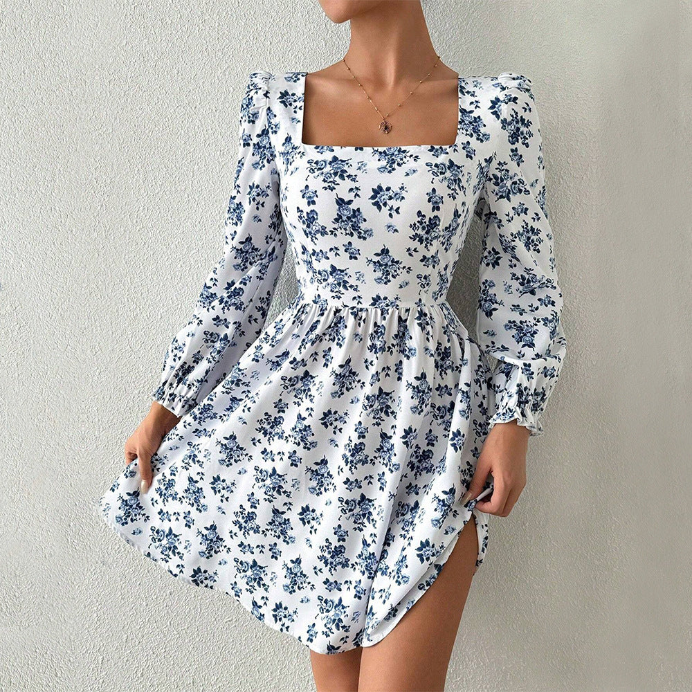 Square Neck Puff Sleeve Ruffle Cuff Floral Print Fit Flare Mini Dress