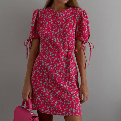 Floral Print Tie Cuff Puff Sleeve Tie Waist Mini Dress