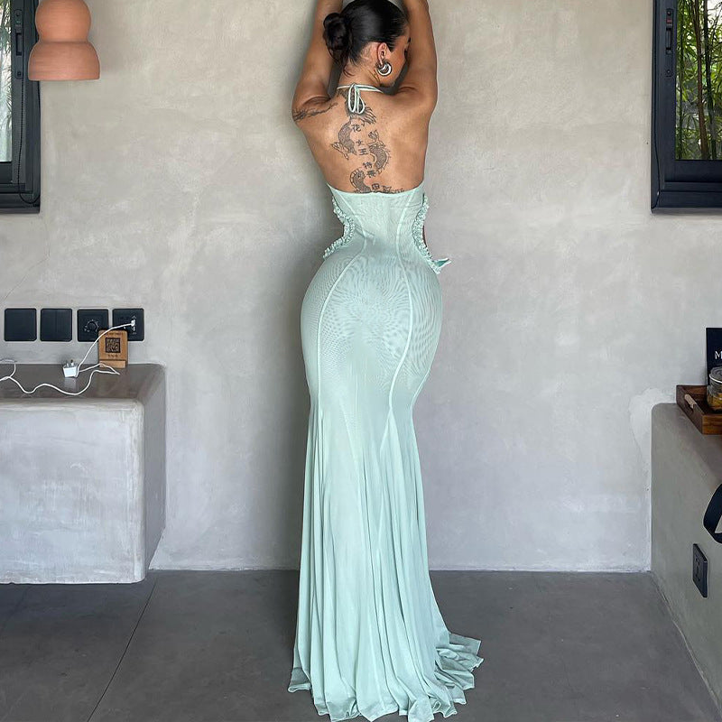 Butterfly Applique Halter Neck Mesh Side Cutout Mermaid Maxi Dress