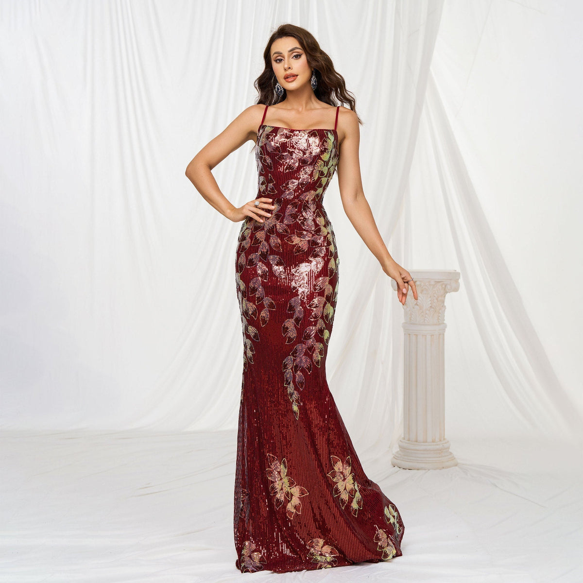 Square Neck Spaghetti Strap Floral Vine Sequin Mermaid Maxi Gown