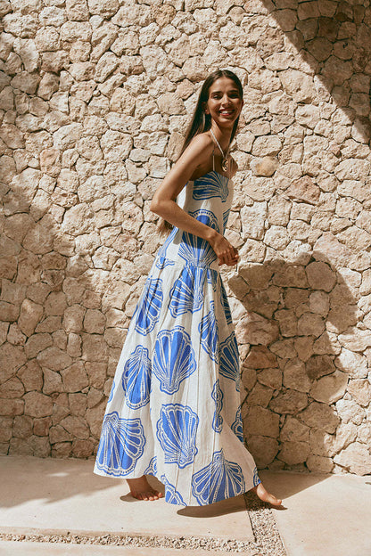 Square Neck Spaghetti Strap Scallop Shell Print Maxi Dress