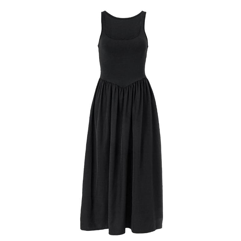 Deep Scoop Neck Wide Strap Dropped V Basque Gathered Midi Dress