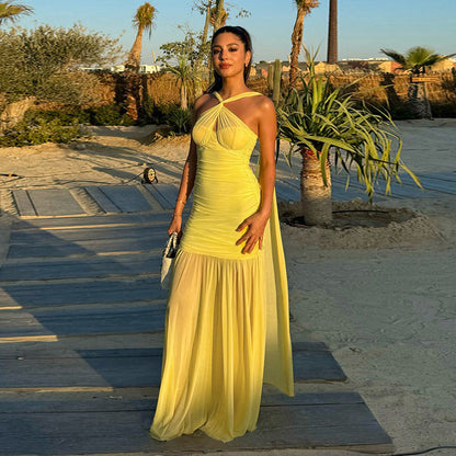Halter Keyhole Ruched Bustier Mesh Skirt Column Maxi Gown